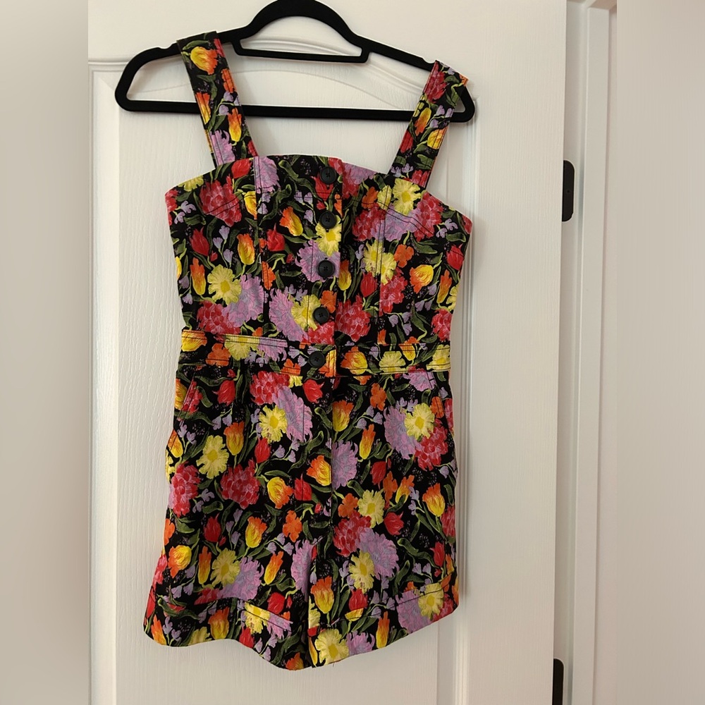 Maeve Black Floral Romper with Pink, Yellow & Orange Flowers